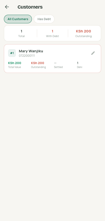 Customer directory with value and outstanding deni