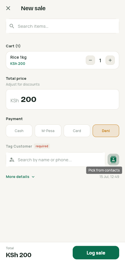 Sale screen with Deni selected and customer required