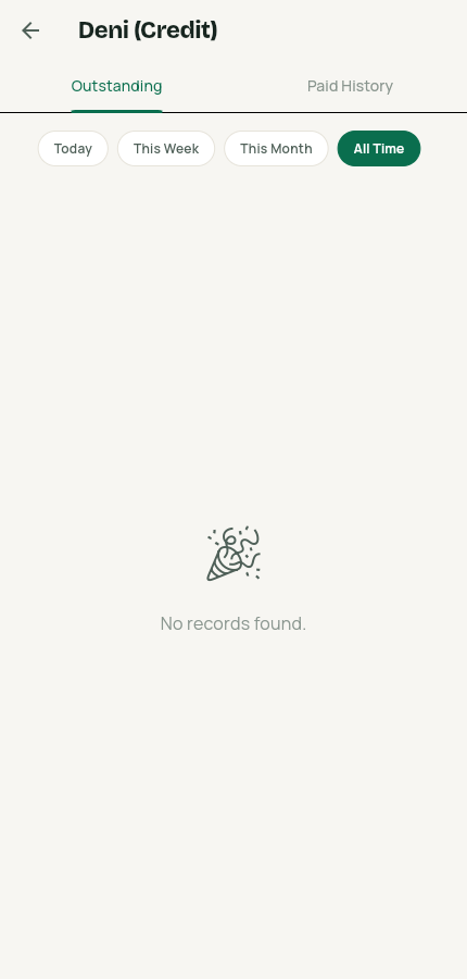 Deni screen showing no outstanding records