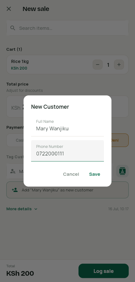 New customer dialog with name and phone filled