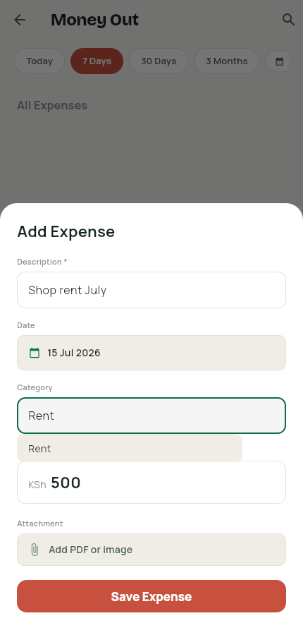 Add expense sheet with description, category and amount