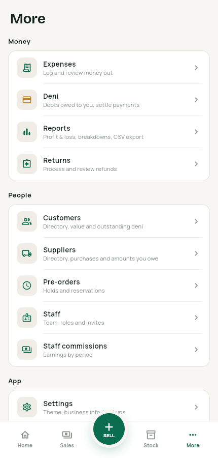 More menu listing Money, People and App sections