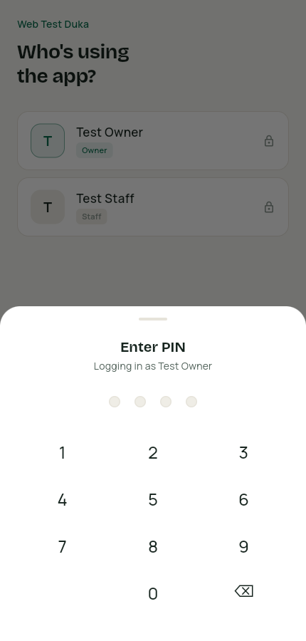 PIN entry screen with the worker picker behind it