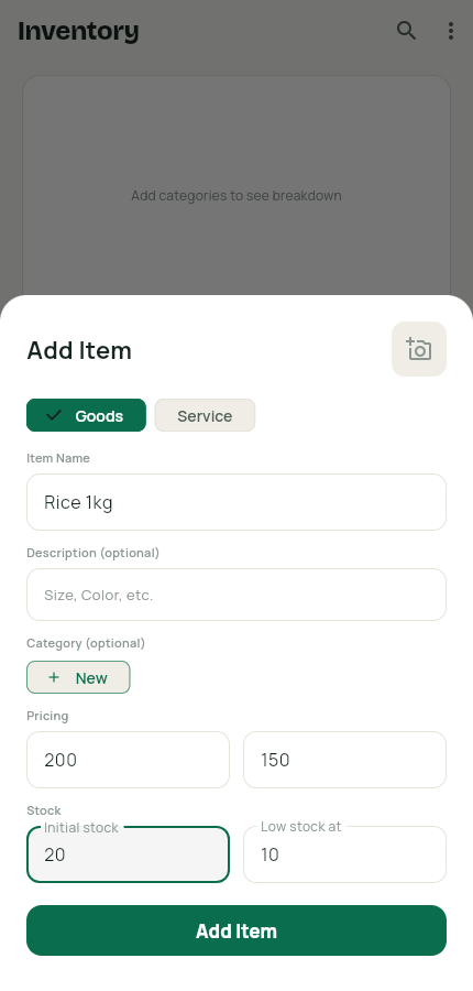 Add Item sheet filled with name, prices and stock