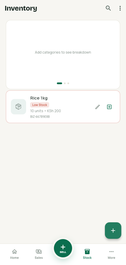 Inventory list with the new item card