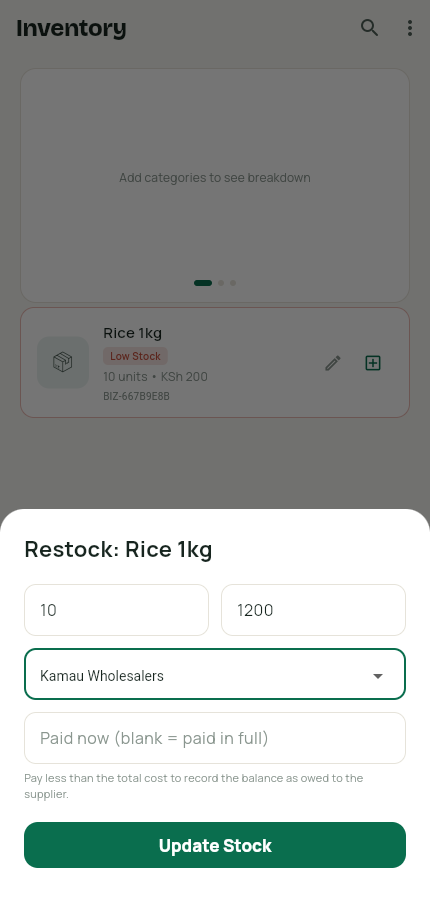 Restock sheet with quantity, cost and supplier selected