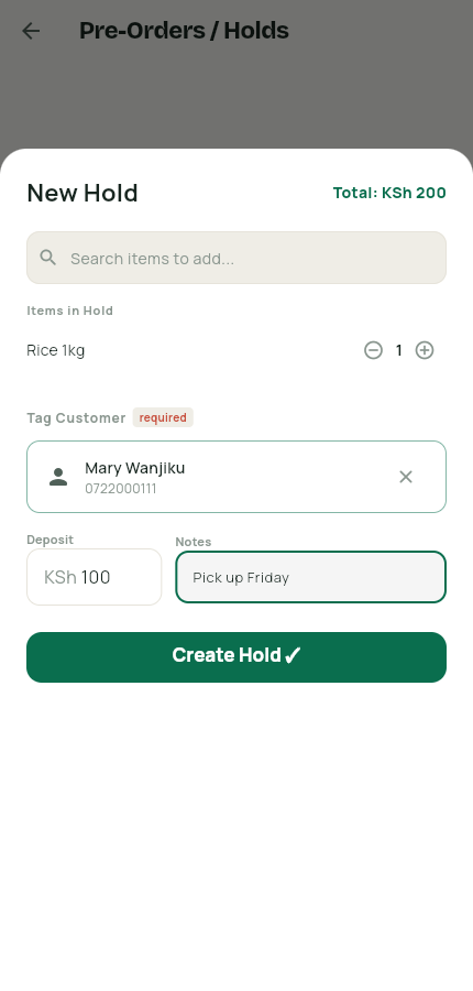 New hold sheet with item, customer, deposit and note