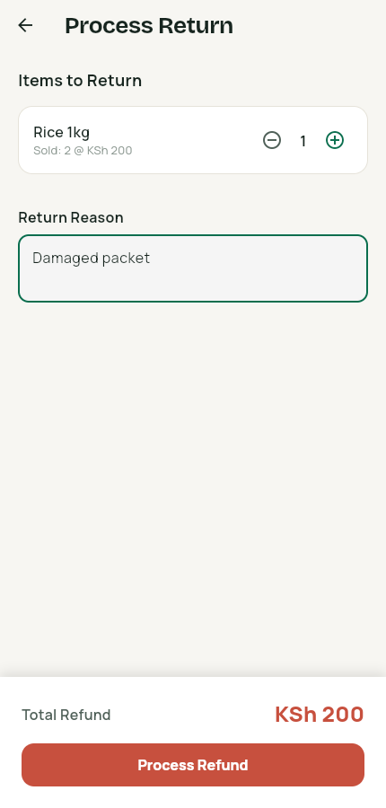 Process return screen with quantity and reason filled