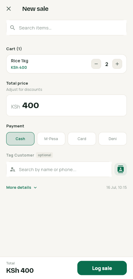 Cart with two items, payment chips and Log sale button