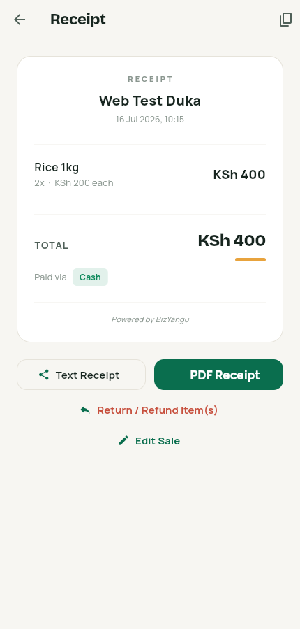 Receipt screen with text and PDF receipt buttons