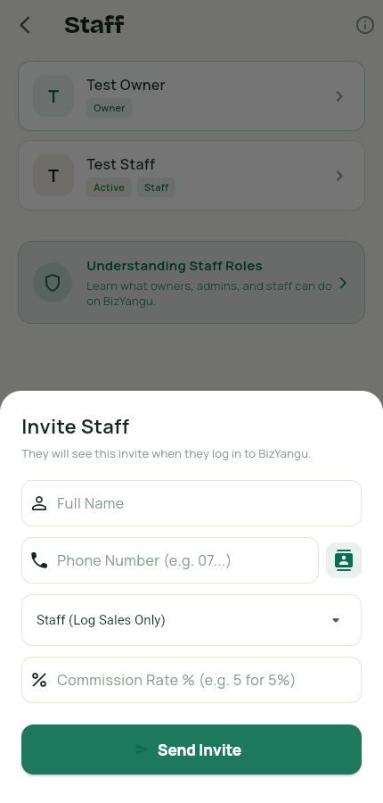 Invite staff sheet with role and commission fields
