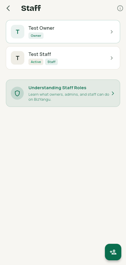 Staff list with roles and the staff roles explainer