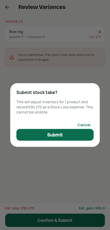 Submit stock take confirmation dialog