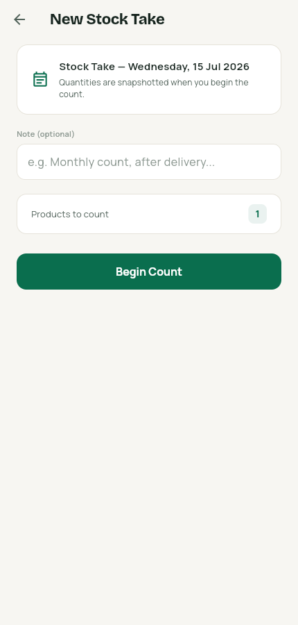 New stock take screen with Begin Count