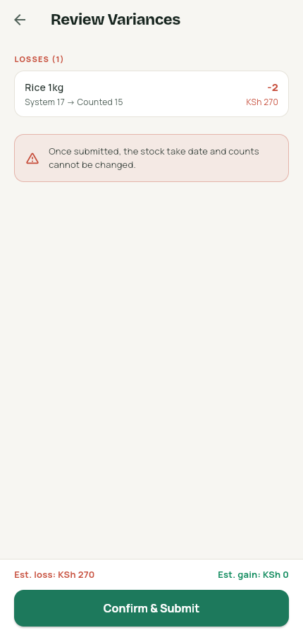 Review screen listing losses with values