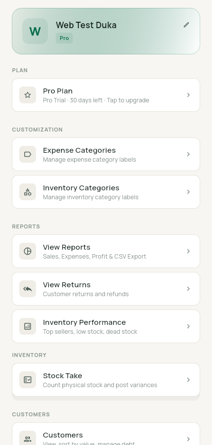 Settings screen with the Stock Take entry