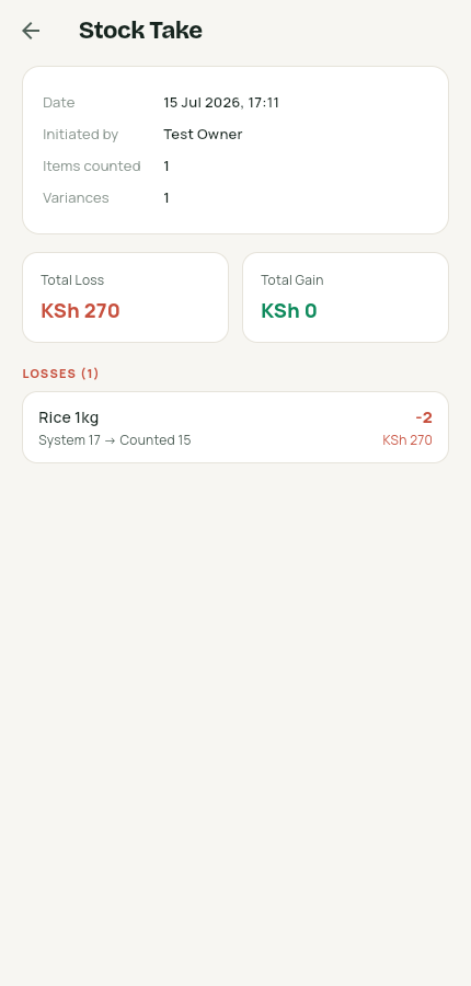 Stock take detail with total loss and variances
