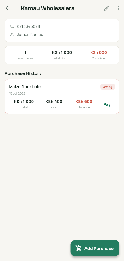 Supplier detail with a purchase showing balance owing