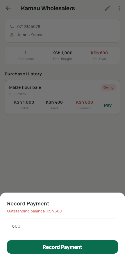 Record payment sheet prefilled with the balance