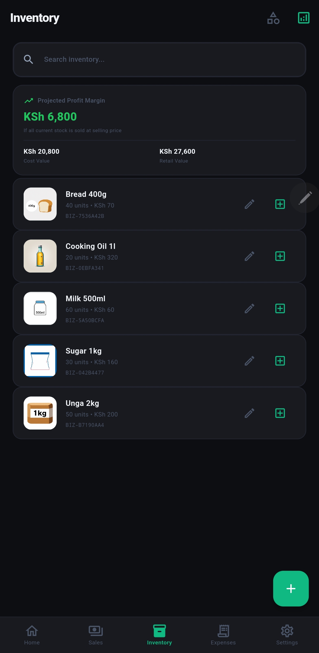 BizYangu inventory screen listing Bread, Cooking Oil, Milk, Sugar and Unga with stock counts